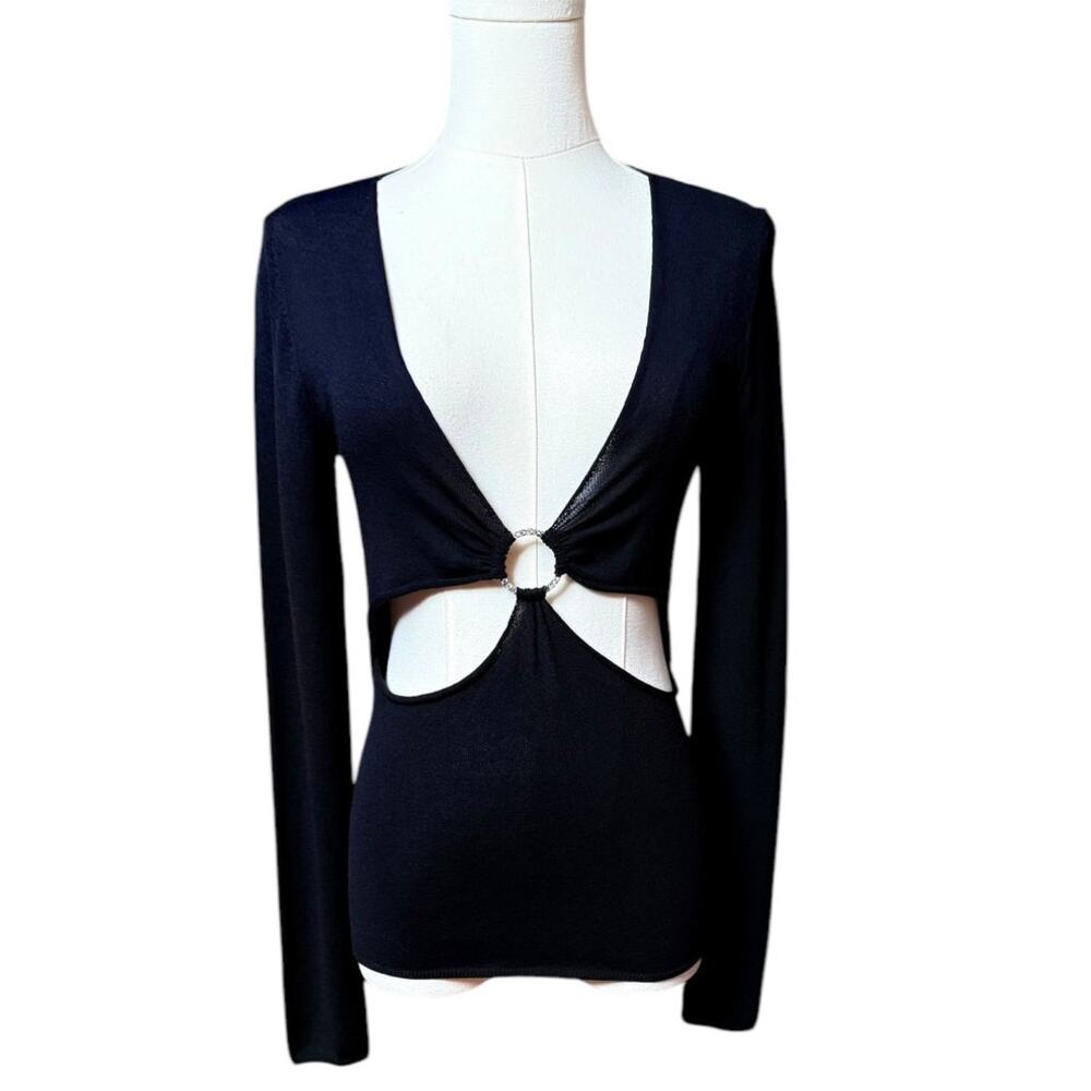 Iceberg Vintage Black Long Sleeve Cut out Top Jersey Knit Size S Deep V-Neckline